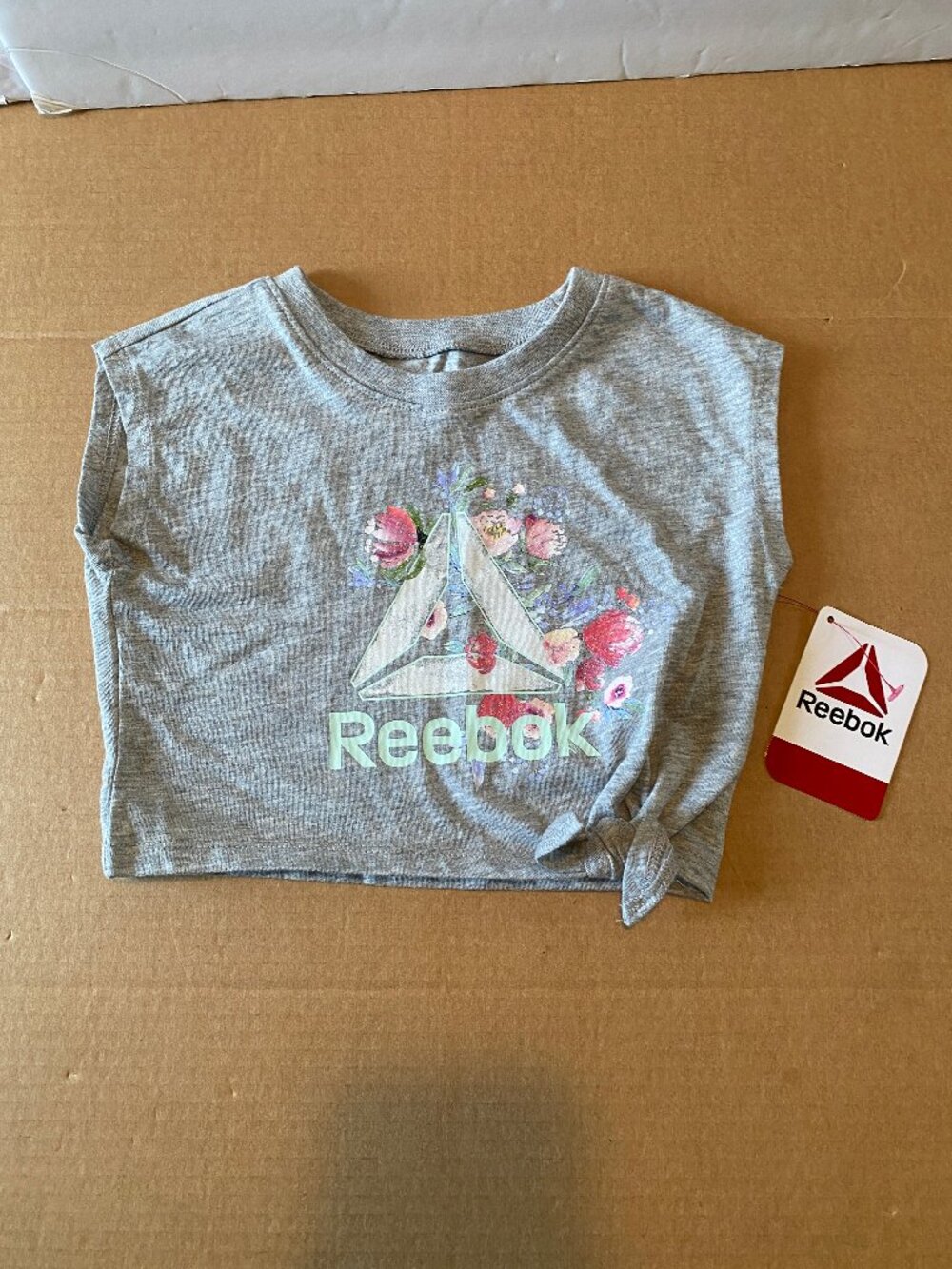 Reebok Girls Gray Sleeveless Crop Tie Shirt 2T Pink Flowers Sea Green Logo NWT